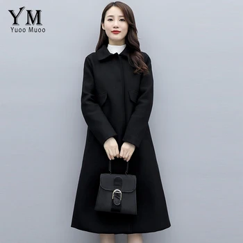 

YuooMuoo Autumn Winter Wool Coat for Women Black Long Woolen Coat Elegant Pockets Ladies Plus Size Coat Jacket Parka Outwear