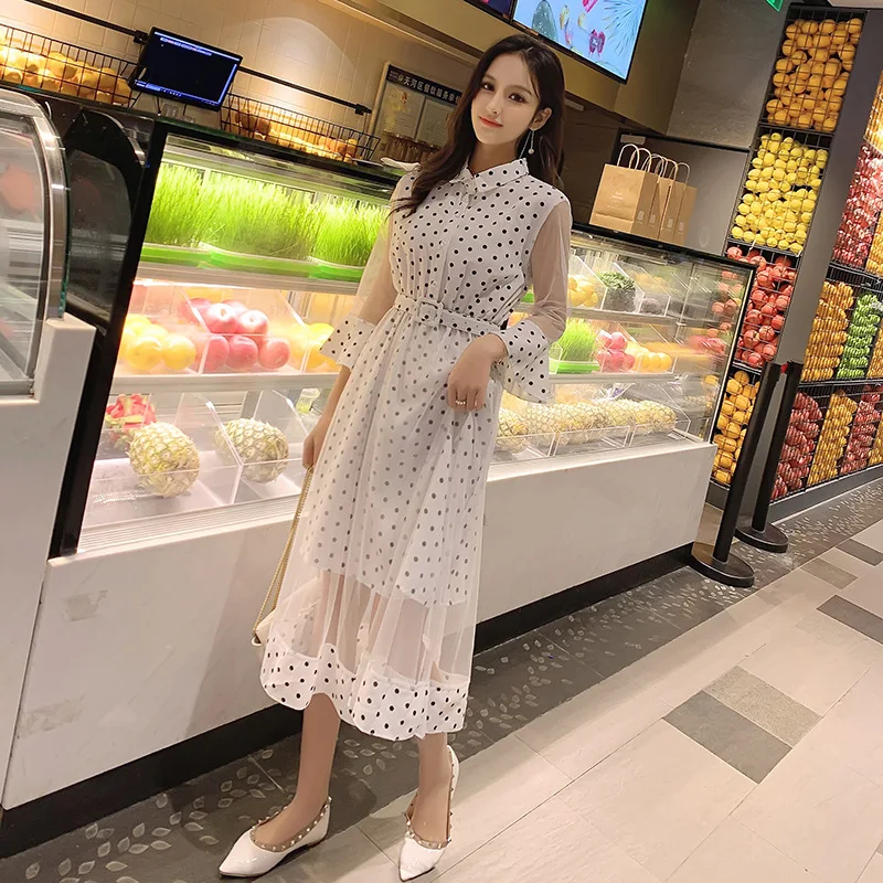 

2019 Early Spring New Korean Version of The Ladies Sunscreen Slimming Temperament Waist Waist Sleeve Dress Female Lace Dress