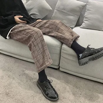 

Winter New Woolen Pants Men's Fashion Retro Cotton Casual Plaid Pants Man Streetwear Wild Loose Hip Hop Straight Trousers M-2XL