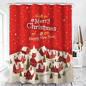 

Merry Christmas Red Shower Curtains Elk Gift Pattern Bathroom Curtain Waterproof Polyester Fabric with Hooks Home Decoration