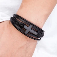 Classic Style Cross Men Bracelet Multi-Layer Stainless Steel Leather Bangles Magnetic Clasp For Friend Fashion  Jewelry Gifts
