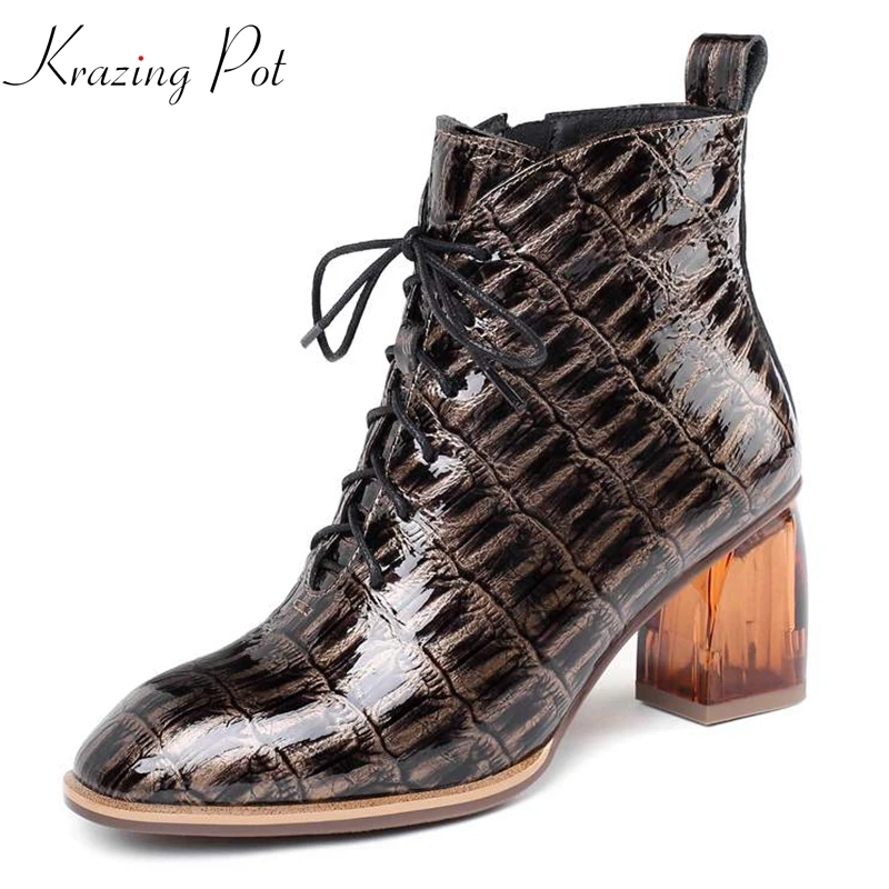 

krazing pot hot Korean design prints patterns genuine leather lace up yellow color crystal high heels round toe ankle boots l8f2
