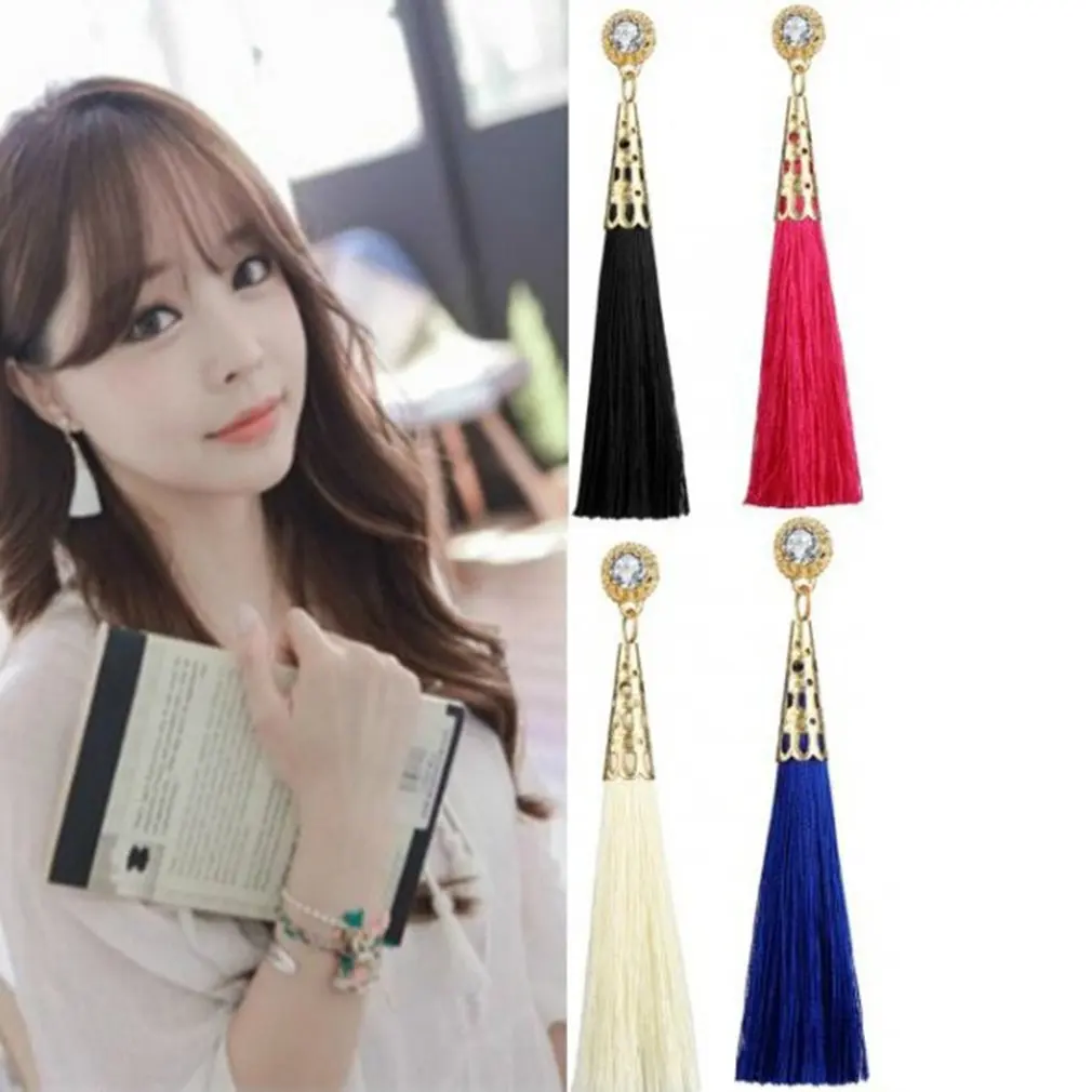 

GENBOLI Bohemian Crystal Long Tassel Earrings Silk Fabric Long Drop Tassel Earrings For Women Jewelry Boho Dangle Earring
