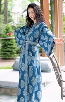 

TEELYNN Blue Floral Print Cotton Kimono Robe Women Blouse Vintage long sleeve summer loose bikini cover up boho beach vestidos
