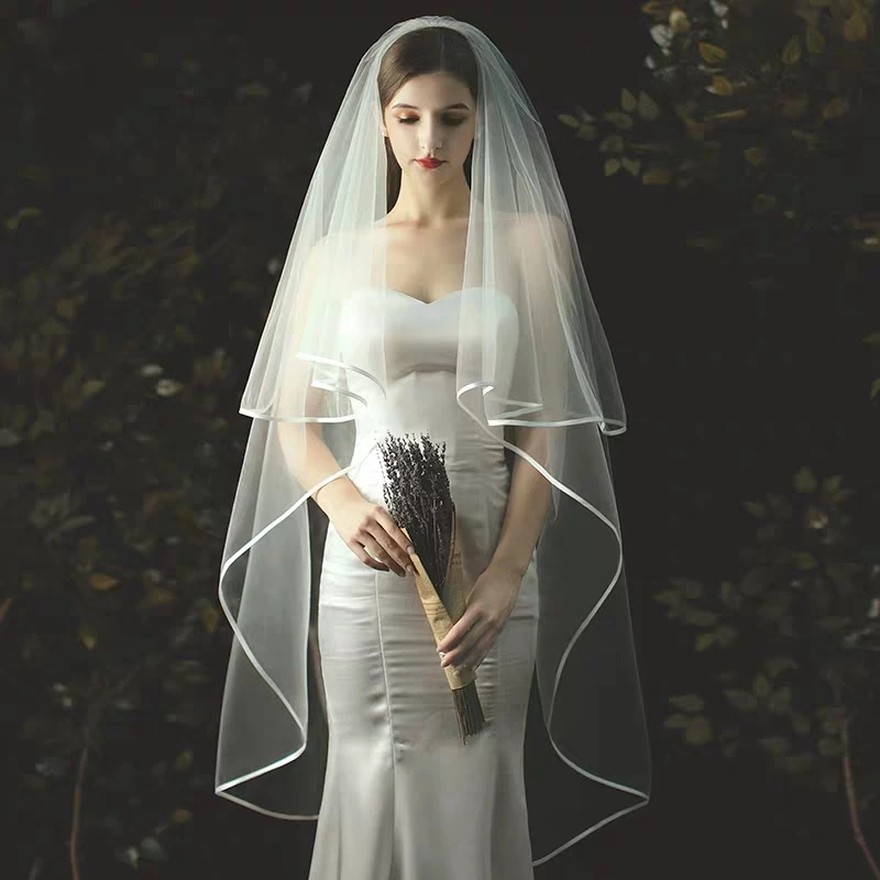 TOPQUEEN V97 Short Wedding Veils Ribbon Edge Bride Veil 2 Layer Veil  Elegant Bridal Wedding Veil for Bachelorette Party Accessor