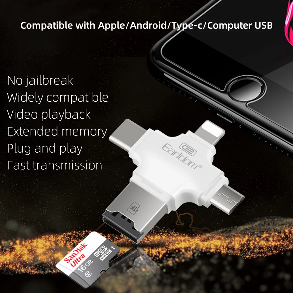 FDBRO 4 в 1 тип-c/Micro USB/USB 2,0 считыватель карт памяти Micro SD кардридер android OTG кардридер для Apple iPhone 7 Plus 6s 5s ридер