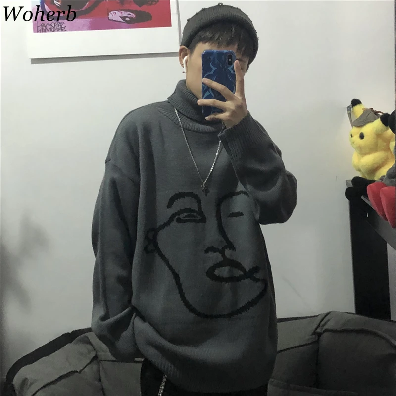 Woherb Водолазка с длинным рукавом свитер женский абстрактный жаккард Harajuku винтажные пуловеры Джемперы корейская мода BF Стиль 91363
