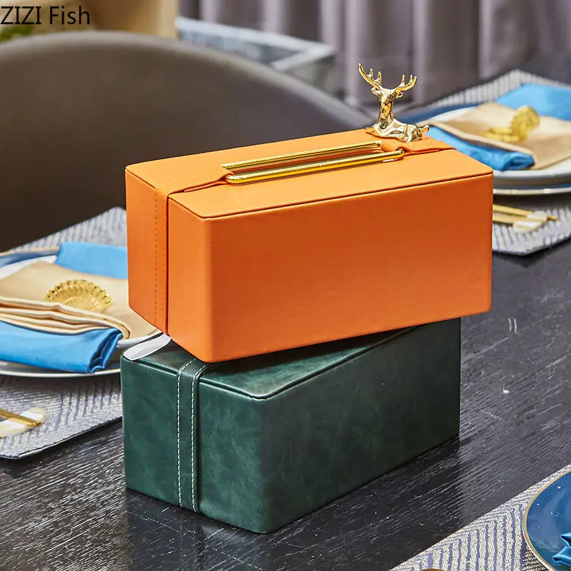 Leather Tissue Box Metal Geometric Frame Home Desktop Drawer Orange Green Square Table Storage Organization Home Decoration 2