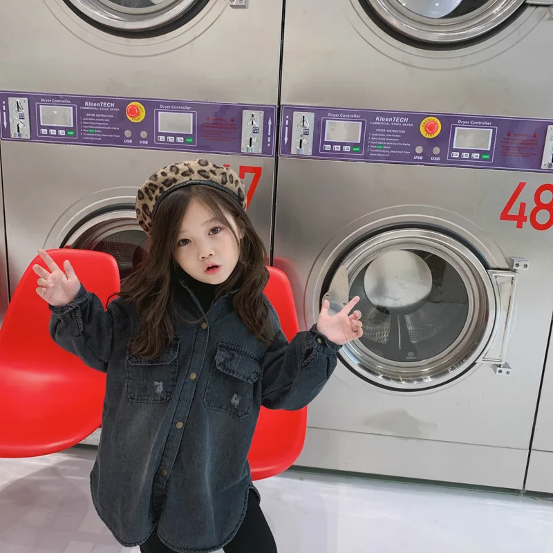WLG girls winter long style shirts kids velvet thick denim black shirt baby girl warm casual clothes 1-6 years