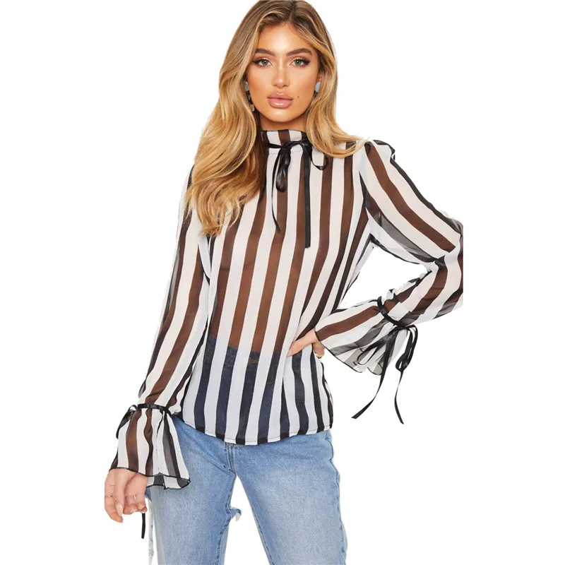 

Sheer Shirts Women Autumn Casual Half High Collar Pagoda Sleeve Top Stripe Printed See Through Loose Chiffon Blouse for Female
