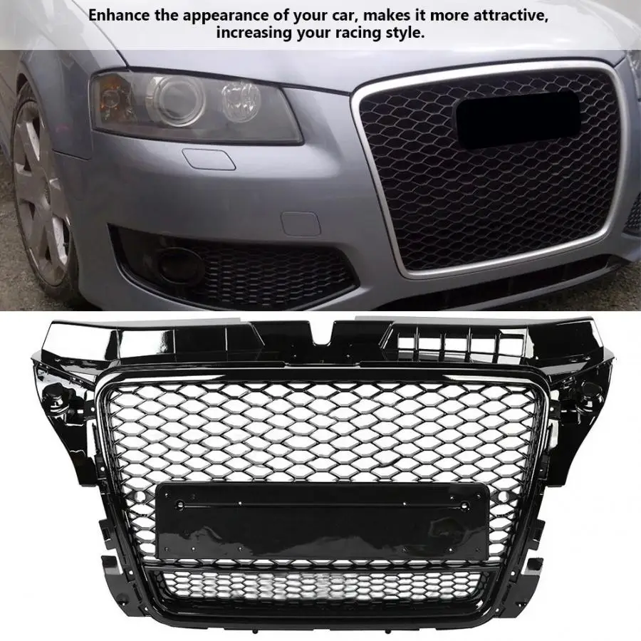 For RS3 Style Front Sport Hex Mesh Honeycomb Hood Grill Black for Audi A3/S3 8P 2009 2010 2011 2012 Auto Accessories