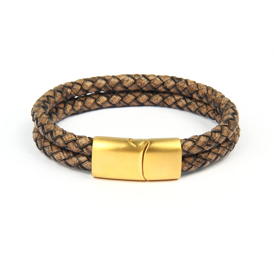 Ailatu Vintage Double Layer Genuine Leather Bracelet Matte Stainless Steel BangleJewelry For Birthday Gift - Окраска металла: Brown