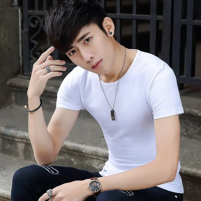 

2020 New Men Short Sleeve Solid Color Cotton T-shirt Summer Fashion Compression Tight T shirt Male Slim Tees Tops Clothing