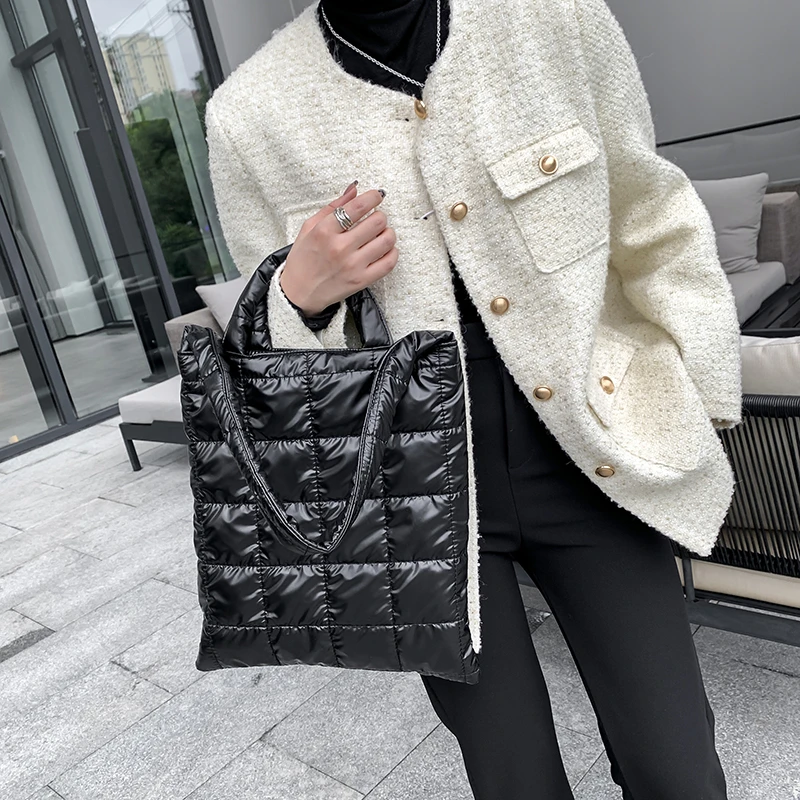 Winter Space Cotton Nylon Shoulder Bag Plaid Padded Woman Handbag Designer Branded Down Fabric Shopper Tote Bags for Women 2021 |