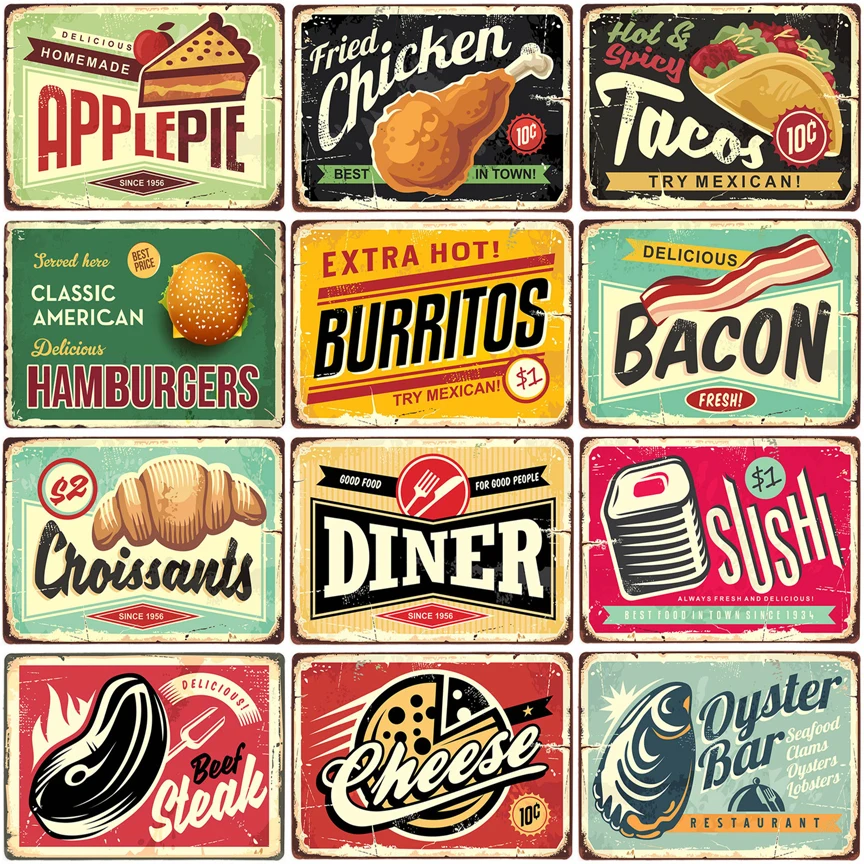 

Fried Chicken,Cake,Cheese, Beef Steak Metal Tin Sign Vintage Plate Plaque Iron Painting Pin Up Wall Decor For Restaurant Kitchen