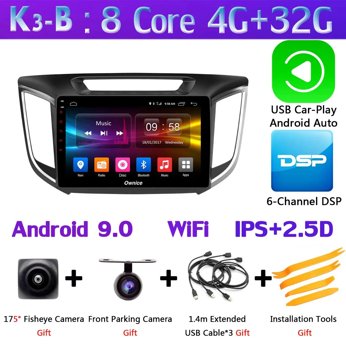 K3-B-CarPlay 360 ° панорамная камера 4+ 64G Android 9,0 Автомобильный мультимедийный плеер для hyundai Creta IX25 gps навигация Радио Видео CarPlay SPDIF DSP - Цвет: K3-B-CarPlay