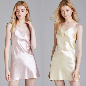 

new Women's Sleepwear Sexy Satin Home Pajama Sexy Silk Babydoll V-Neck Pyjamas Sleeveless nightdressSling Skirt 2020 hot
