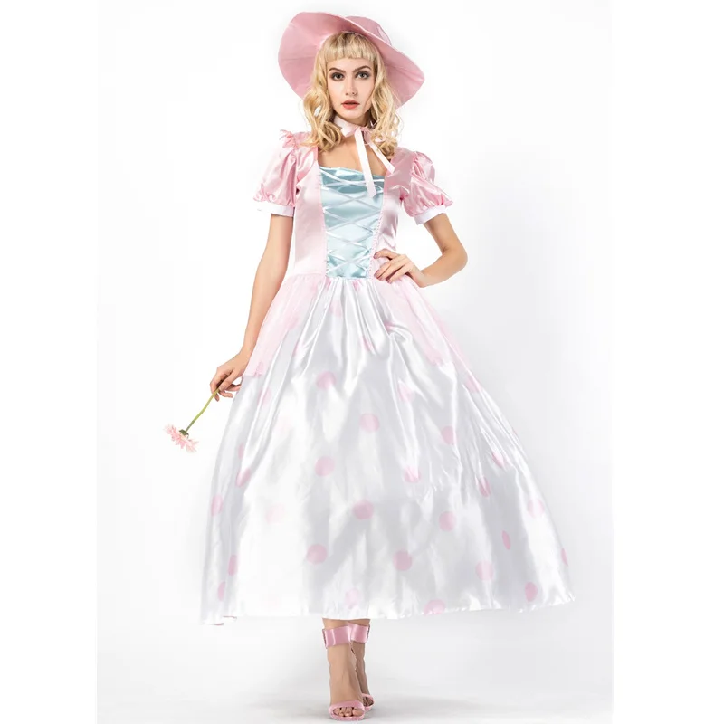 

Movie Toy Story 4 Bo Peep Cosplay Costume Pink Fancy Princess Dress With Hat Adult Women Halloween Party Play Roles Outfit