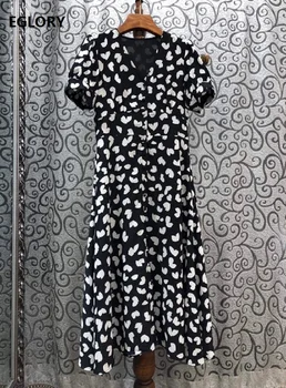 

Top Quality New 2020 Summer Dress Women V-Neck Sweetheart Prints Button Up Short Sleeve Mid-Calf Length Black Cotton Dress Noble