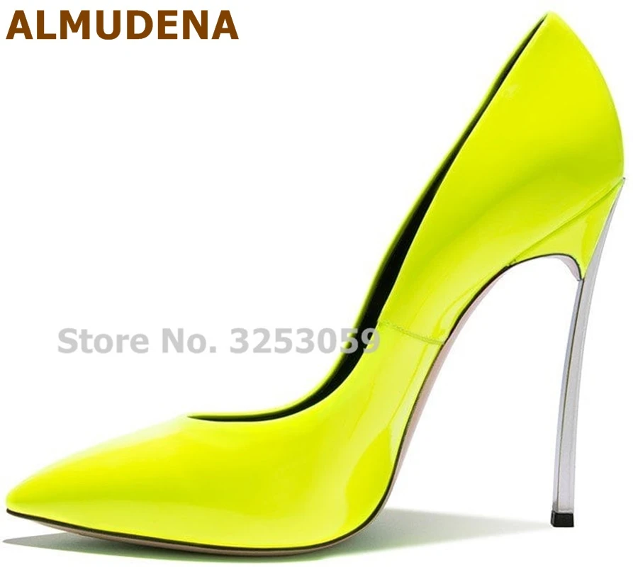 ALMUDENA Charming Fluorescent Color Neon Yellow Pink Metal Heel Banquet Shoes Young Ladies Dress Pumps Pointed Toe Heels|Women's Pumps| - AliExpress