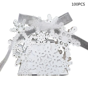

100pcs Christmas Hollow Snowflake Favor Gift Candy Box Storage Ribbon Wedding