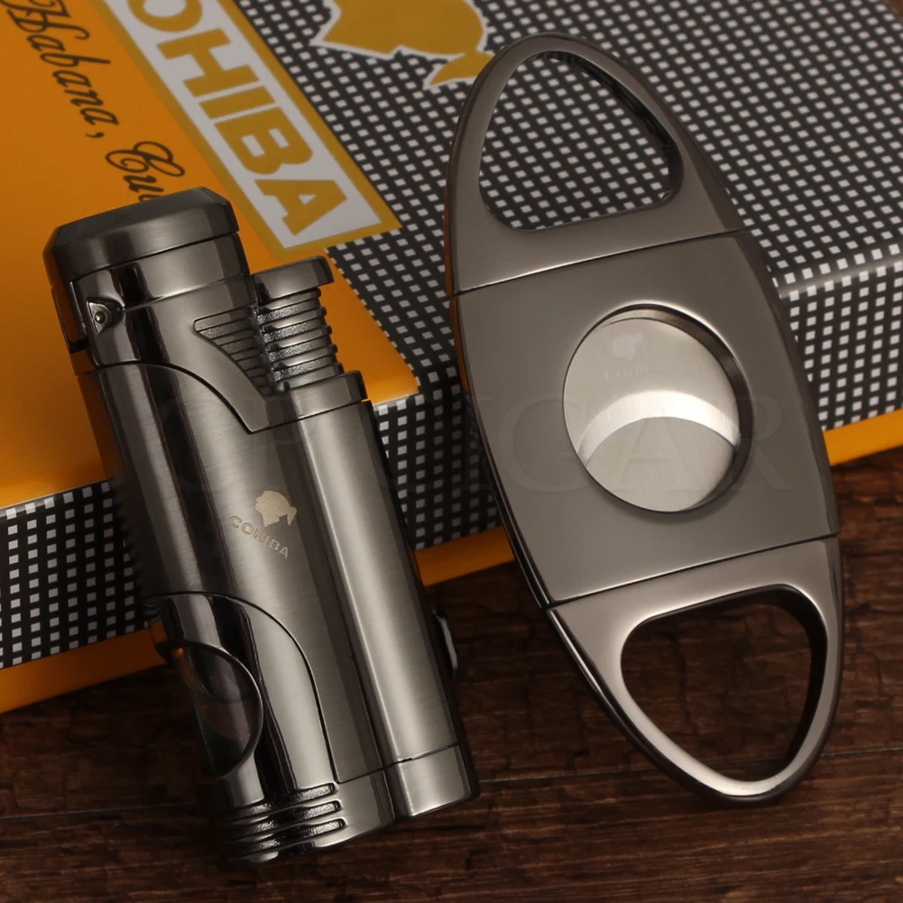 COHIBA металлический резак для Сигар Зажигалка Набор ветрозащитный газ 2 струйный фонарь зажигалки для сигар бутан карманный Каттер для сигар острый удар сигар