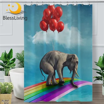 

BlessLiving 3D Elephant Shower Curtain Sky Blue Waterproof Bathroom Curtain With Hooks Balloons Rainbow Home Decor 180x200cm