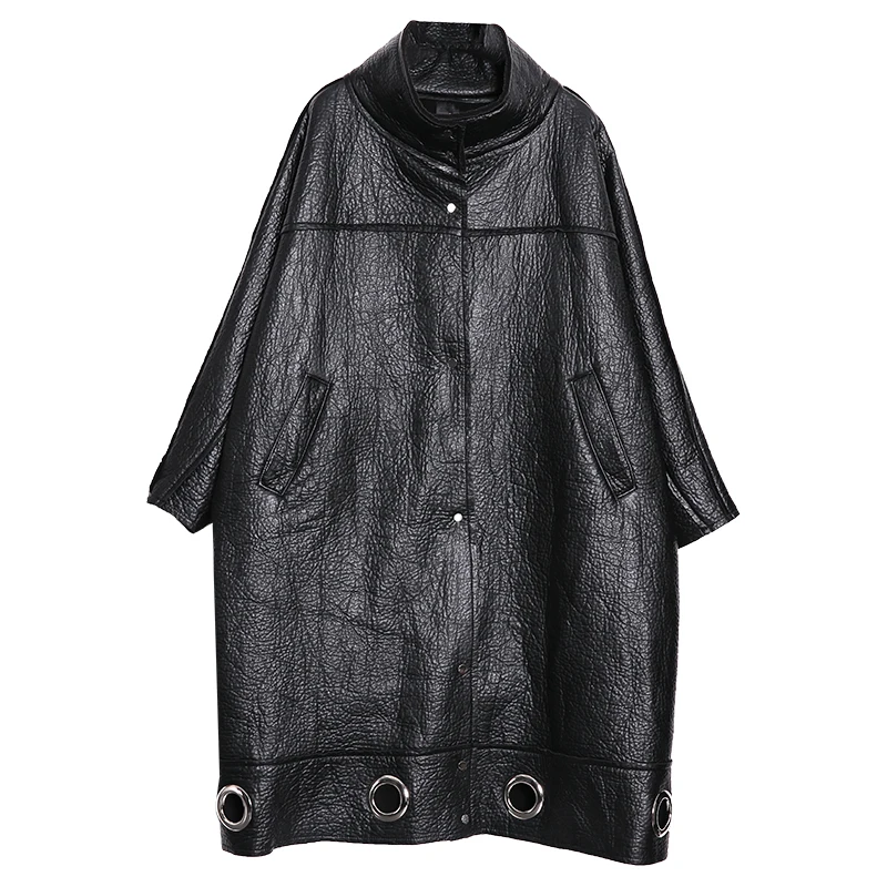 [EAM] Свободная куртка из искусственной кожи, большой размер, новинка, стоячий воротник, длинный рукав, Женское пальто, модное, Осень-зима, 1H262 - Цвет: black
