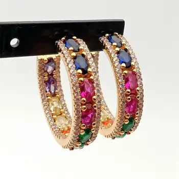 

Rainbow Earrings Multicolor CZ Circle Stud Earrings Gold Color platedFashion Exquisite Top Quality Round Shape Earrings