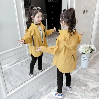 

New Sale Spring Autumn Girls Casual Jackets Hooded Outerwear Fashion Solid Color Windbreaker Children Clothing Cute Girls Coat