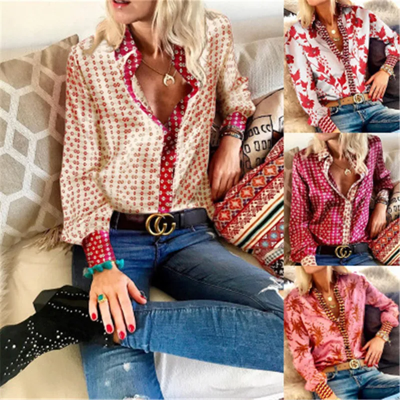

Notched Women Blouses Print Ladies Office Tops Spring Autumn Long Sleeve Button Fashion Work Shirts Woman 2019 Blusas Femininas