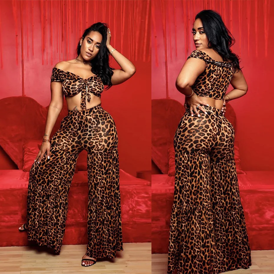 HAOYUAN леопардовый комплект две детали с принтом, сексуальный топ с открытыми плечами+ широкие брюки, костюм, праздничная одежда, 2 предмета, наряды для женщин