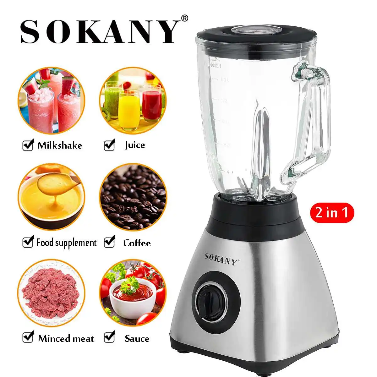 SOKANY 1500ML 2 In 1 High Power Household Blender Mixer Meat Vegetables Fruits Grinder Food Juice Processor Glass Jar