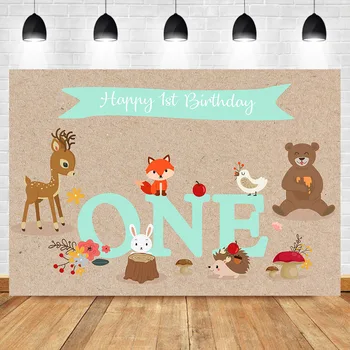 

Neoback Happy 1st Birthday Backdrop Woodland Bear and Deer Wild One Photography Background First Birthday Party Banner Backdrops