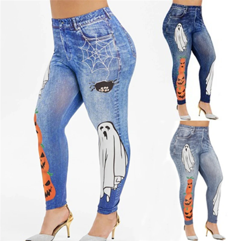 Современные Женские Поддельные джинсы леггинсы с креативным цветочным принтом Модные женские спортивные Леггинсы с высокой талией для фитнеса для женщин