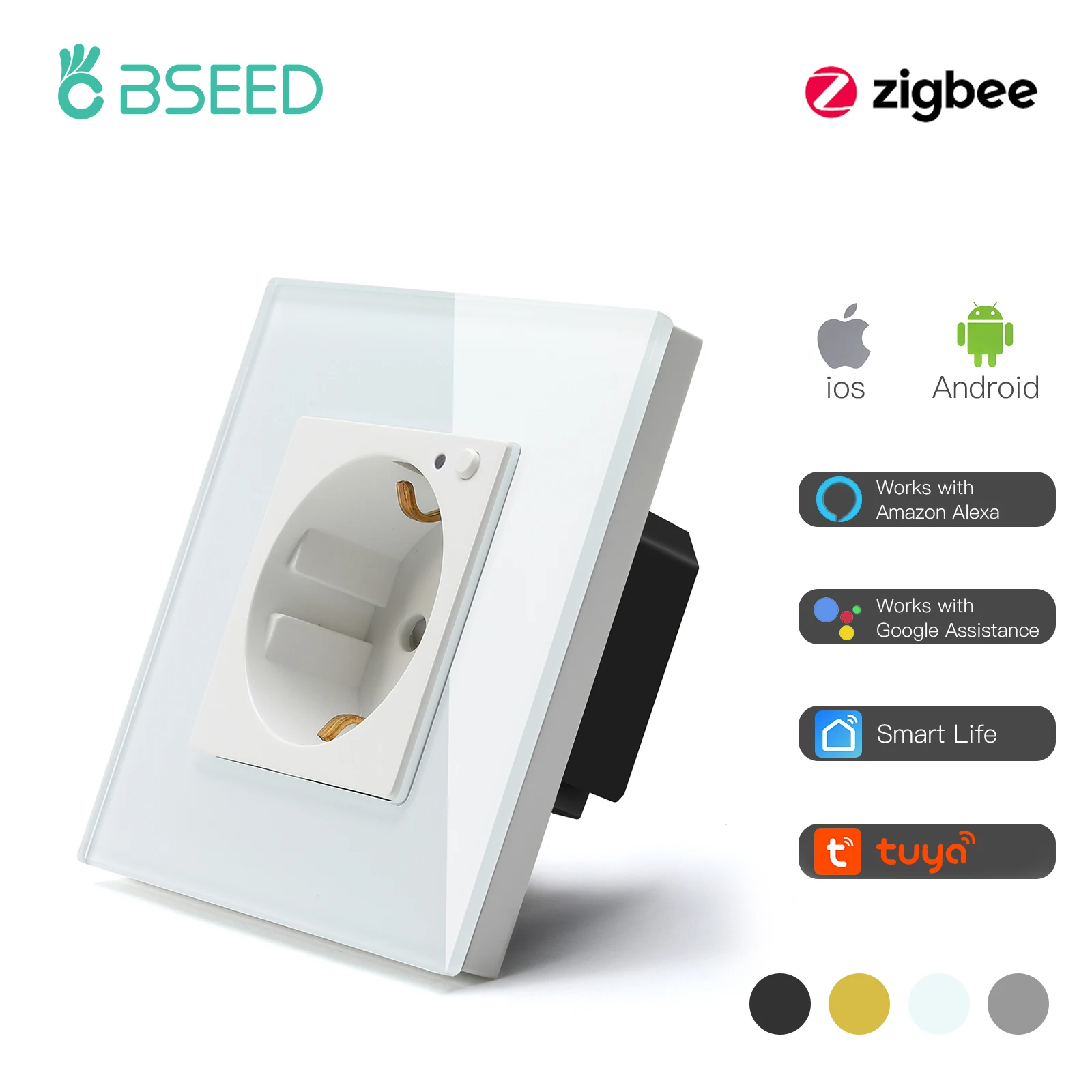 

Настенная розетка BSEED ZigBee, умная электрическая розетка европейского стандарта, с прозрачной стеклянной панелью, работает с Tuya Smart Life Alexa