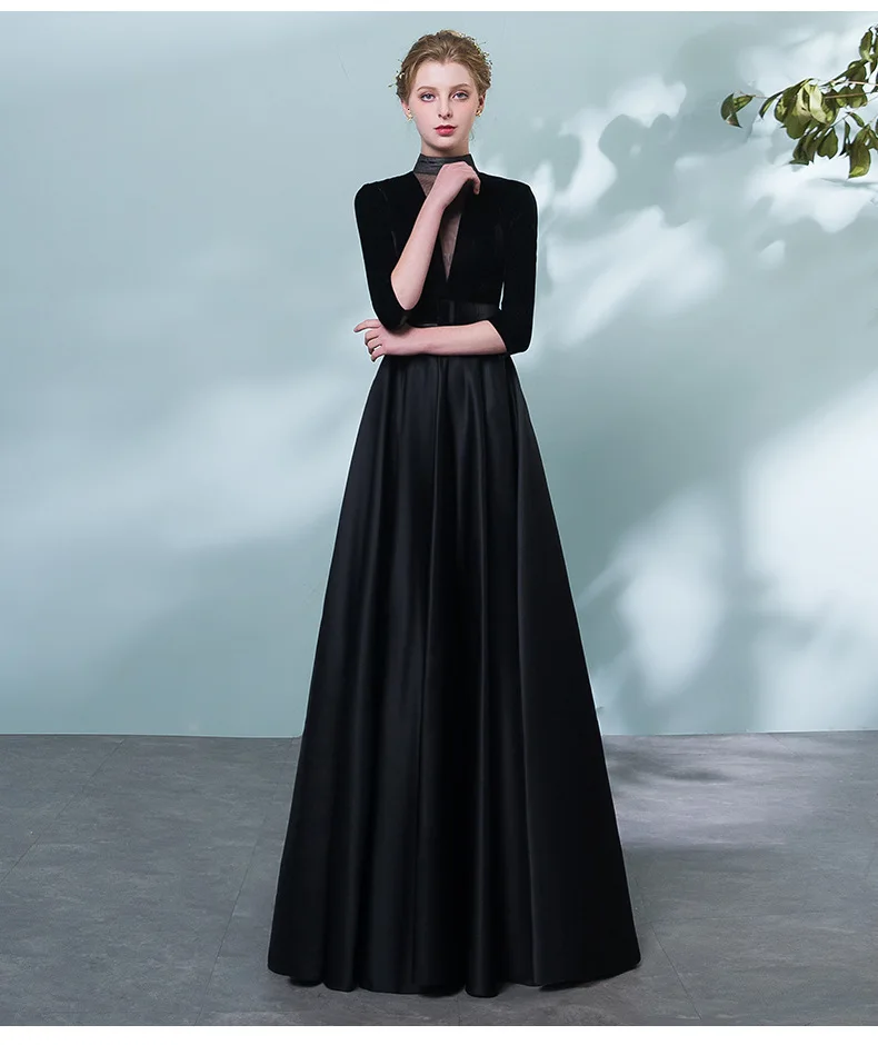 BGW Вечернее Платье черное с высоким воротом три четверти рукава Robe De Soiree атласное платье Longue De Soiree Femme