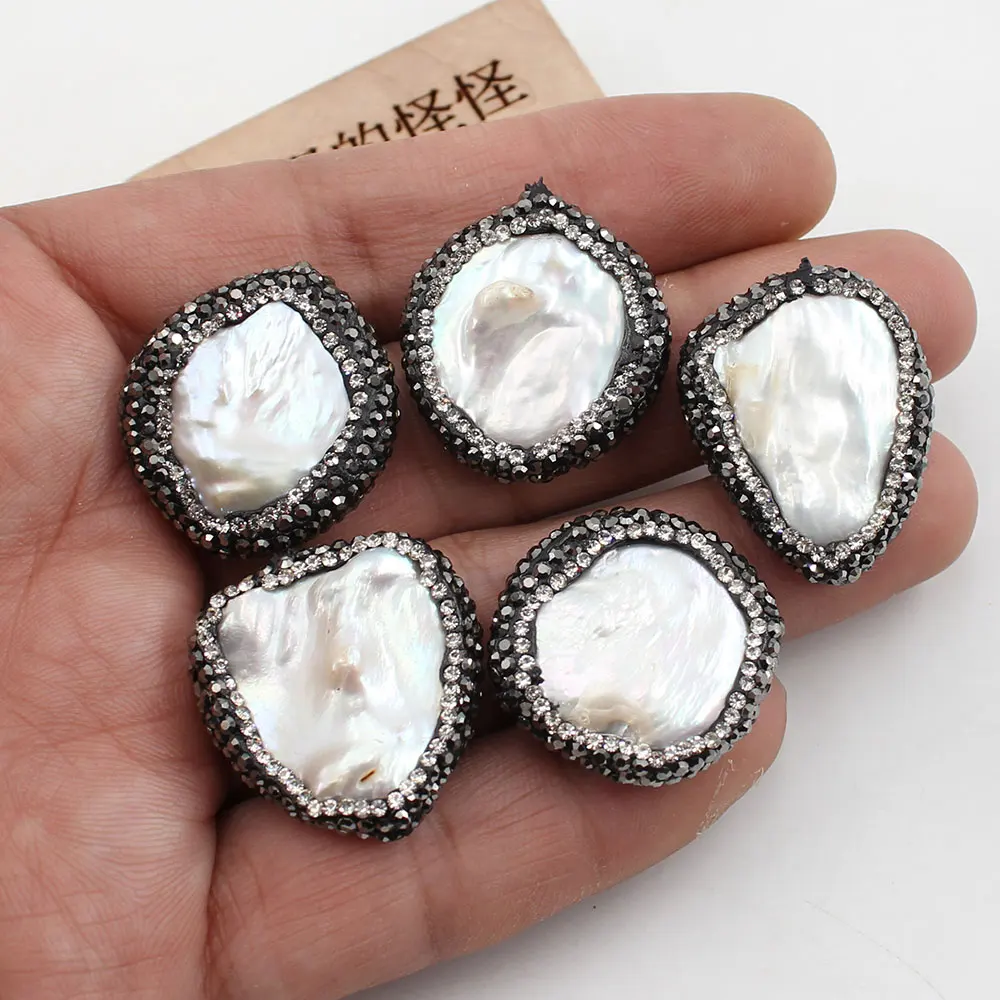 APDGG Wholesale 5PCS Freshwater Cultured White Coin Keshi Pearl CZ Paved Beads Findings Loose Beads For Women Necklace DIY