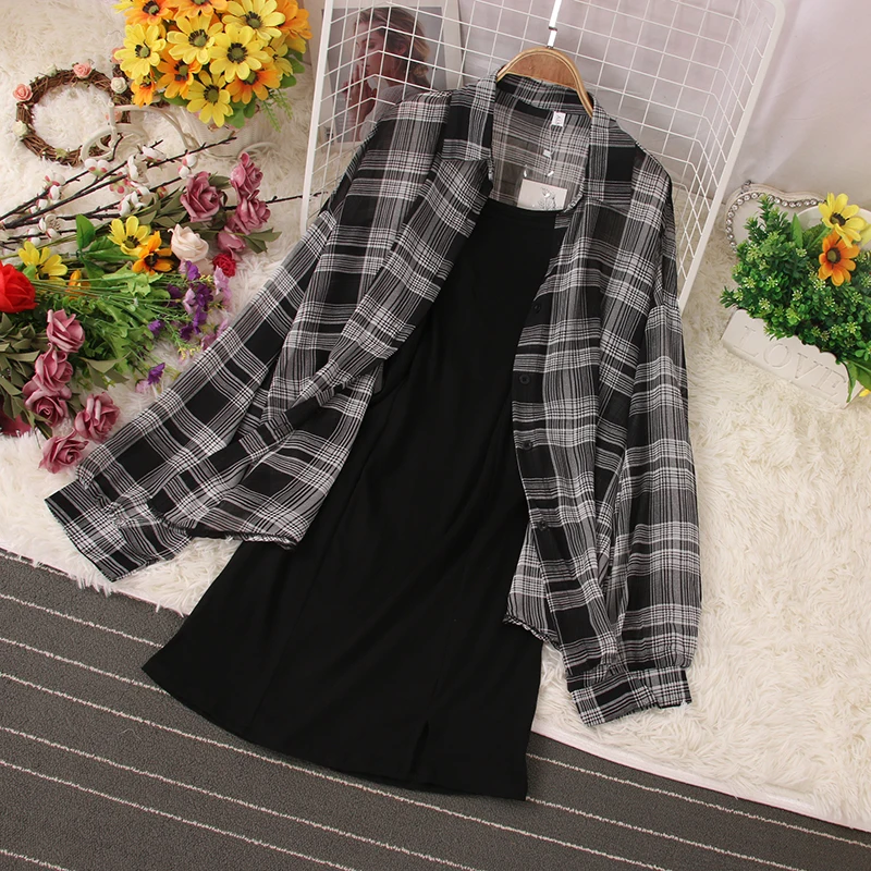 2021 New Spring and Autumn Korean Casual Two Piece Set Long Sleeve Plaid Grey shirt+ Spaghetti Strap Slim Black Solid Dress 2021 women s spring chiffon european and american sexy joker spaghetti strap solid elegant high waist wide leg pink jumpsuits