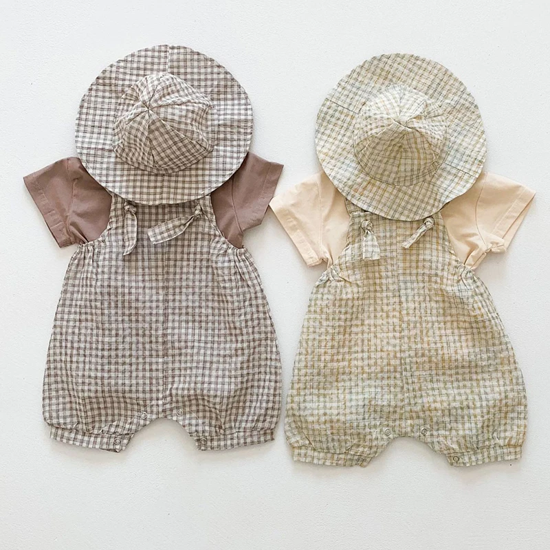Korean Style Summer Infant Baby Boys Girls Clothes Set Cotton T-shirt+Lattice Jumpsuit+Hat Newborn Baby Girls Clothing Suit