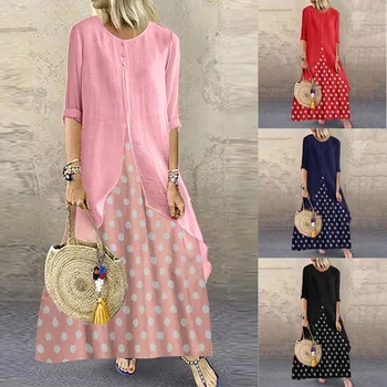 

Women Vintage Polka Dot Long Dress Women Autumn O-neck Long Sleeve Party Maxi Dress Casual Plus Size lange mauw jurk casual