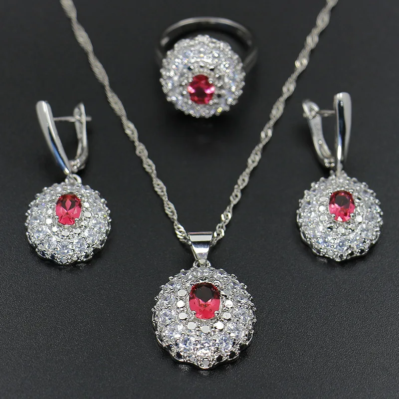 Bague Ringen 925 пробы Серебряные наборы женская одежда ювелирные изделия кольцо с камнями серьги ожерелье рубиновый Аметист изумруд волнистый цветок
