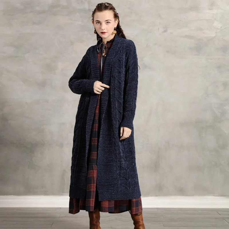 Best Price Free Shipping Fashion Long Loose Mid-calf Knitted Sweater Coat Cardigan For Women Outerwear Autumn And Winter Trench Straight