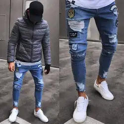 2019 мужские стильные рваные джинсы, байкерские облегающие прямые потертые джинсовые брюки, модные обтягивающие джинсы, мужская одежда