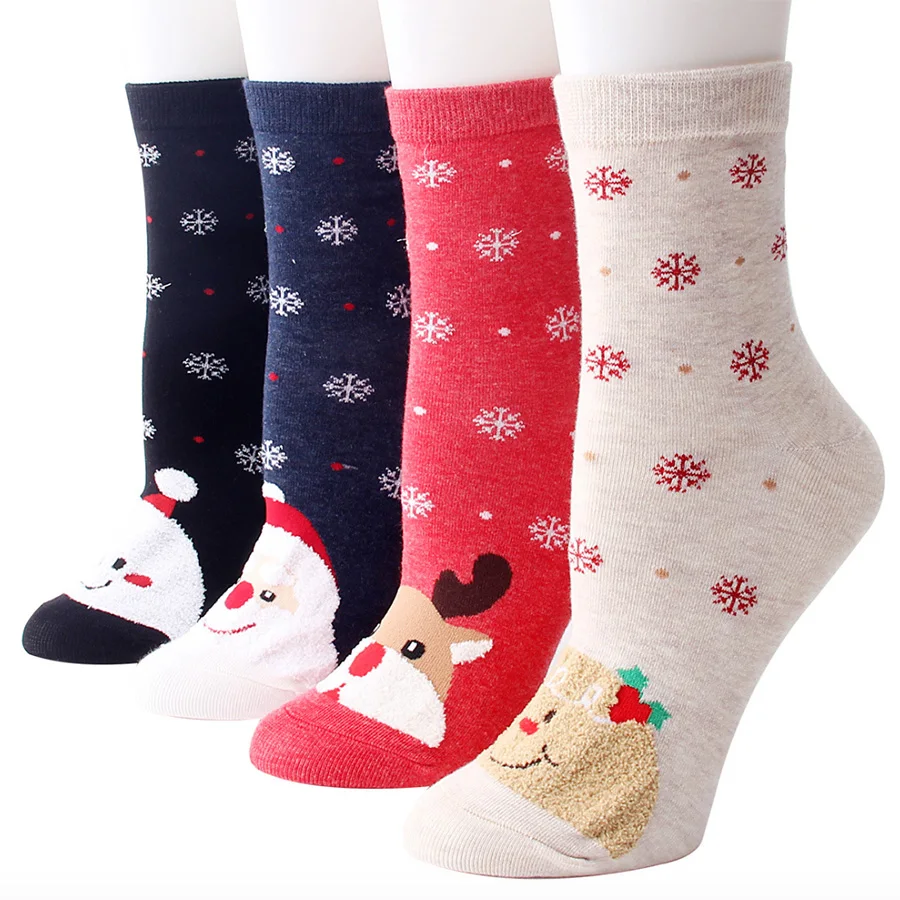 4 пар/лот, Забавные милые Носки с рисунком для женщин, снежинка, Санта Клаус, лось, снеговик, повседневные Хлопковые женские короткие носки