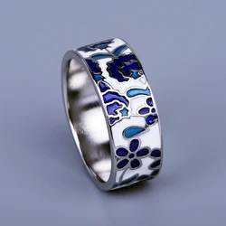 Elegant Blue Enamel Flower Women's Ring - Handmade Fashion Jewelry - 8