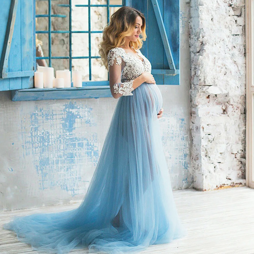 Синее Тюлевое вечернее платье трапециевидной формы с длинными рукавами и v