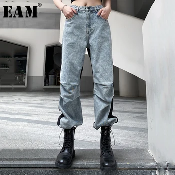 

[EAM] Black Denim Contrast Color Long Wide Leg Jeans New High Waist Loose Women Trousers Fashion Tide Spring Autumn 2020 1W693