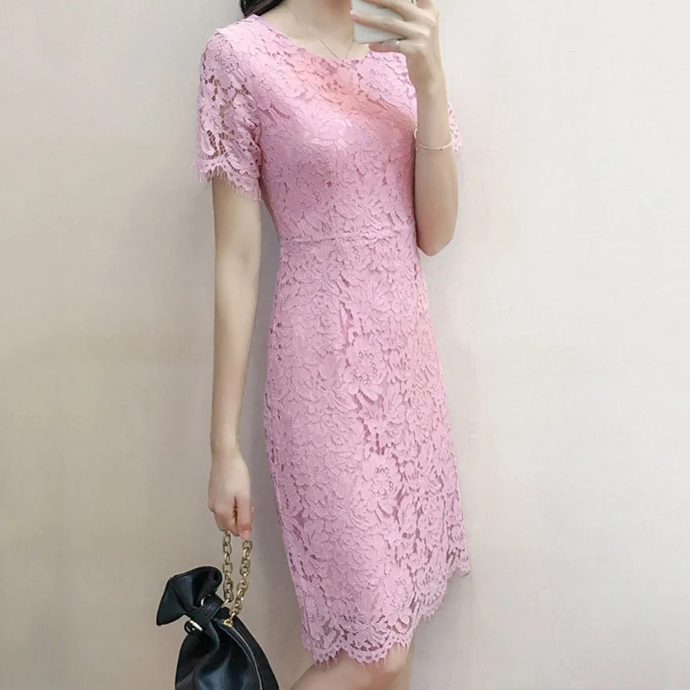 Summer Women fashion lace Dress Round Neckline Short Sleeves Crochet Lace Dress - Цвет: Pink