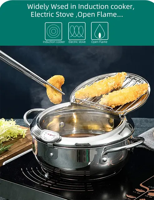 Kichvoe 5Inch Stainless Steel Fry Pot with Lid and Strainer Basket Stove  Top Deep Fryer Japanese Tempura Deep Fryer Basket for French Fries Chicken